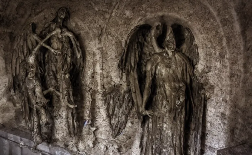 Prompt: several decrepit creepy statues of the archangel gabriel smiling, placed throughout a dark claustrophobic old catacomb, realistic, underexposed photography, security camera footage, wide shot, sinister, foreboding, grainy photo