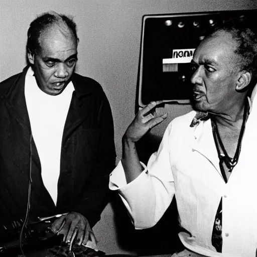 Prompt: donald trump in studio one with king tubby and scientist