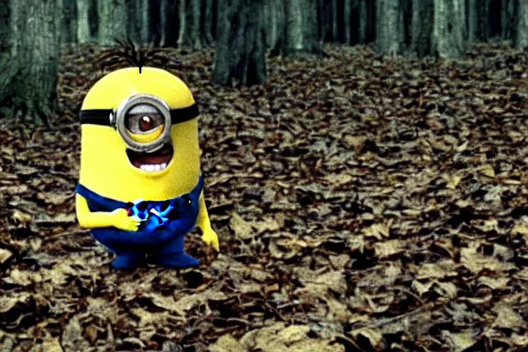 Prompt: a still of a minion in blair - witch project ( 1 9 9 9 )