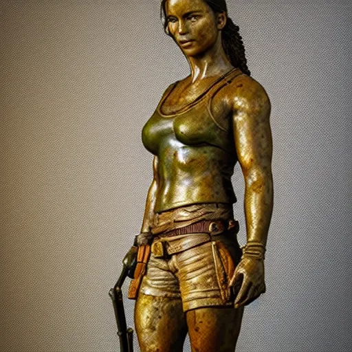 Image similar to detailed photo of an old bronze patina statue of a lara croft full body portrait, intricate detail, museum diffuse lighting