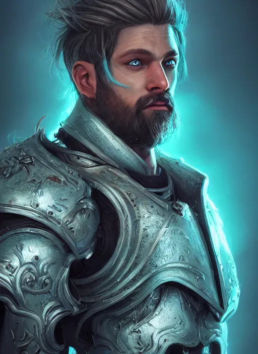 Prompt: an epic fantastic realism comic book style portrait painting of an aasimar paladin, male, silver hair, short brown beard, d & d concept art, unreal 5, daz, teal aesthetic, octane render, cosplay, rpg portrait, dynamic lighting