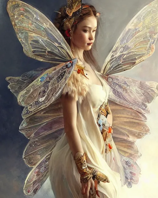 Image similar to Moth Fairy Maiden with large moth like wings wearing ornate dress by Ruan Jia and Andrei Riabovitchev, featured on Artstation, Hyperdetailed, stylized, realistic oil on linen, masterpiece, fantasy