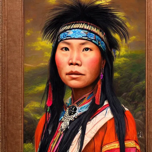 Image similar to portrait of a young paiwan woman ( 3 5 ) from taiwan in 2 0 2 1, an oil painting by ross tran and thomas kincade