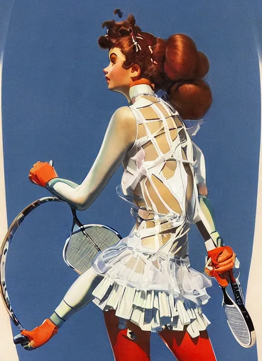 Image similar to a copic maker art nouveau portrait of a russian girl playing tennis at high speed wearing a futuristic latex pilot evangelion suit and a puffy skirt designed by balenciaga by john berkey norman rockwell