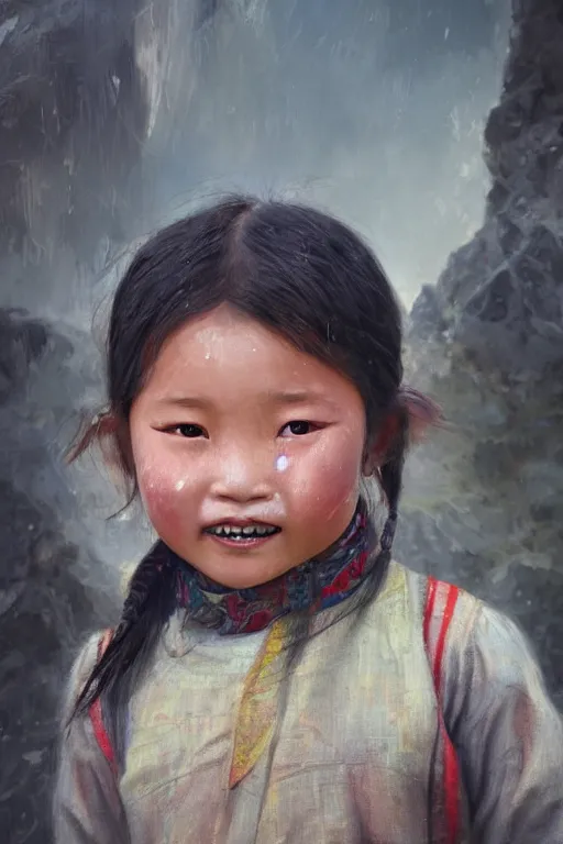 Image similar to Tibetan little girl, joyful, close-up portrait, intricate, elegant, volumetric lighting, scenery, digital painting, highly detailed, artstation, sharp focus, illustration, concept art, ruan jia, steve mccurry