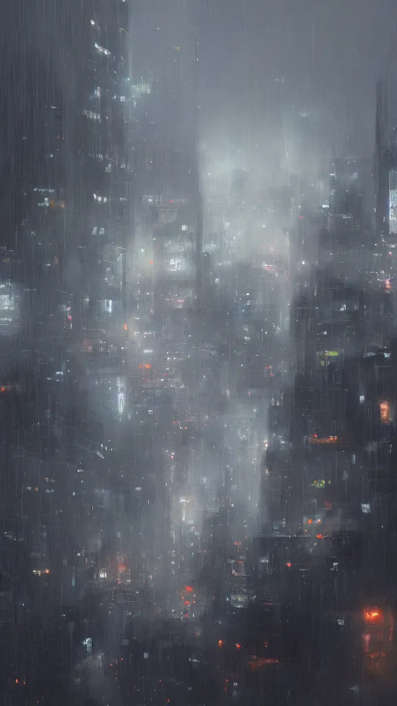 Prompt: a digital painting of a expansive view of the rainy night in tokyo, gray clouds and thunder in the sky, gray color scheme, ultrawide shot, art greg rutkowski, 4 k, highly detailed, oil painting, concept art