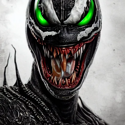 Image similar to venom king arthur version, ultra realistic, highly detailed, photorealism, scary, intricate detail, high res, textures, extremes, dark, twisted, black, wiry, superhero, antihero, powerful, teeth, licking tongue, armor, hair, knight trending on artstation