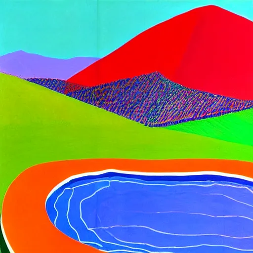 Image similar to a wild modernist landscape painting filled with energy patterns rippling in all directions, mountains, rushing water, saturated colors. David Hockney.