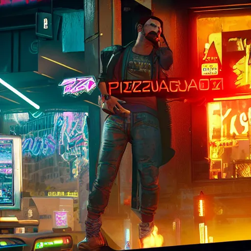 Prompt: stoned pizza dude Cyberpunk 2077. CP2077. 3840 x 2160