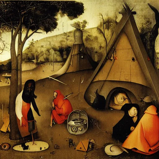 Image similar to homeless alchemist camp in the australian bush, hieronymus bosch