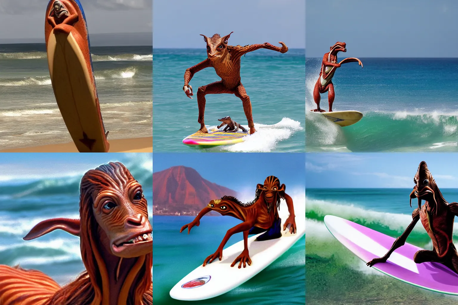 Prompt: lifelike image of jar jar binks from star wars riding on a surfboard off the hawaiian coastline