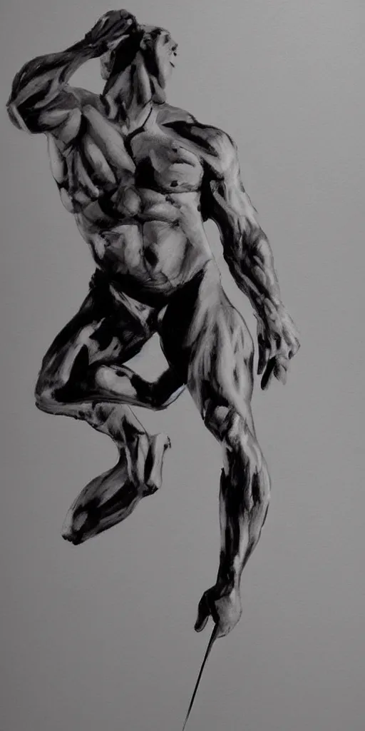 Image similar to thick long paint brush strokes, outline suggesting the physique of one!!! thin athletic man doing pullup, matte paint colors, minimal painting, negative space, long flowing brush strokes, very abstract trending on artstation