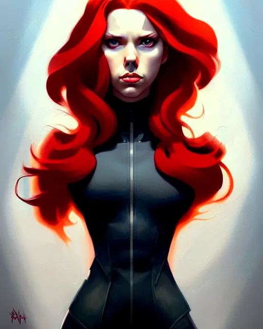 Image similar to peter mohrbacher, phil noto, artgerm, pretty scarlett johansson black widow, symmetrical eyes, long red hair