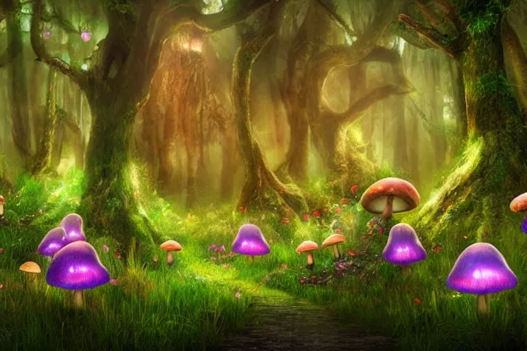 Image similar to An enchanted forest, it is nighttime, there are glowing mushrooms, there are flying fairies, fantasy-style, photorealistic.