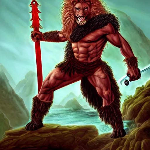 Prompt: a tiefling lion - man barbarian with black fur and red eyes, wielding a greatsword, high quality digital painting by larry elmore and jeff easley