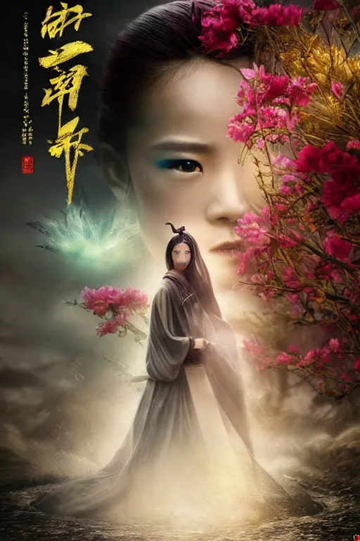 Prompt: beautiful cinematic fantasy portrait of wuxia heroine, in forbidden City Rainning, flowers sea everywhere, beautiful glowing galaxy eyes, hybrid from Dynasty Warriror and art direction by tian zi and WLOP and Darius Zawadzki cinematic quality character render; low angle; fantasy, intricate, very very beautiful, elegant, highly detailed, digital painting, production quality cinema model;