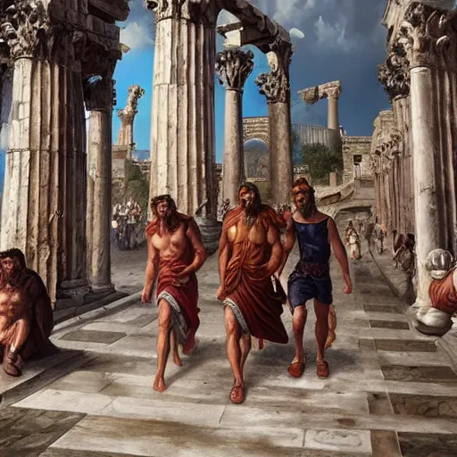 Prompt: greek gods walking around in ancient constantinople, oil on canvas, trending on artstation, cinematic composition, insanely detailed, hd