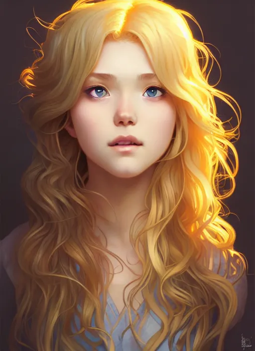 Prompt: young woman with medium - length, curly, golden hair, aquamarine eyes, natural lighting, path traced, highly detailed, high quality, cartoon, digital painting, by new haicheng and ross tran and studio ghibli and alphonse mucha