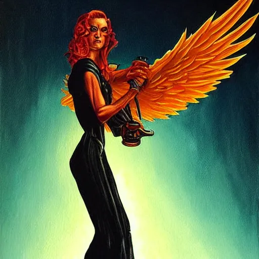 Image similar to painting in style of michael whelan, the super hot, dark angel of coffee