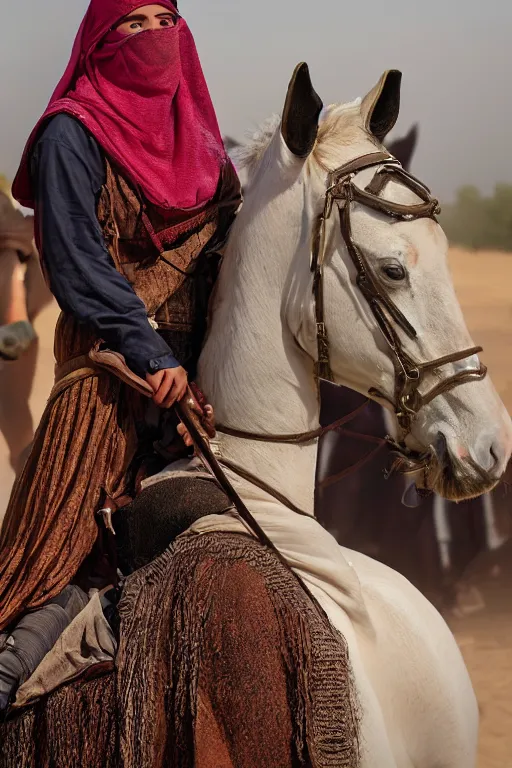 Image similar to hyperrealistic portrait from middle eastern burqa woman riding horse, with riffle in her chest, super highly detail, accurate boroque, without duplication content, white border frame, medium close up shot, justify content center, symmetrical, incrinate, cinematic, dust, award winning photos