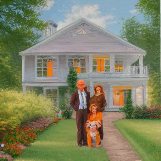 Prompt: painting of a orange hair mom, cool young dad, curly headed baby and brown poodle in front of a white single story 1 9 5 0's farm house, in the style of thomas kinkade