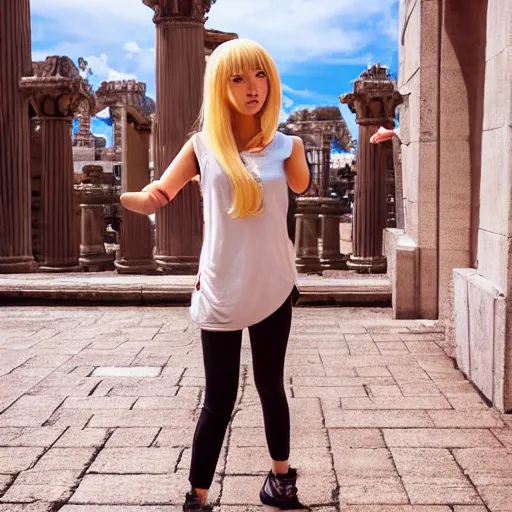 Image similar to blonde - haired princess, anime princess, wearing casual clothes, action pose, parkour, plaza, greco - roman pillars, golden hour, partly cloudy sky, sepia sun, strong lighting, strong shadows, vivid hues, ultra - realistic, sharp details, subsurface scattering, intricate details, hd anime, 2 0 1 9 anime