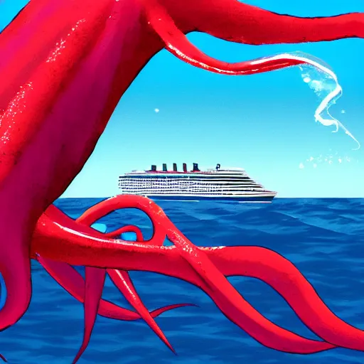 Image similar to A giant squid destroying a cruise ship in the middle of the ocean, digital art