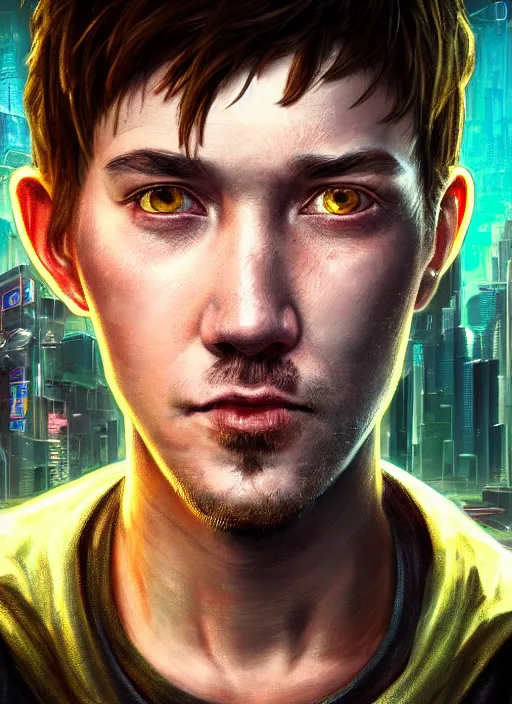 Image similar to !dream portrait of DanTDM as a homeless character in Cyberpunk 2077, looking at camera, intricate, dystopian, sci-fi, extremely detailed, digital painting, artstation, concept art, smooth, sharp focus, illustration, intimidating lighting, incredible art by artgerm and greg rutkowski and alphonse mucha and simon stalenhag