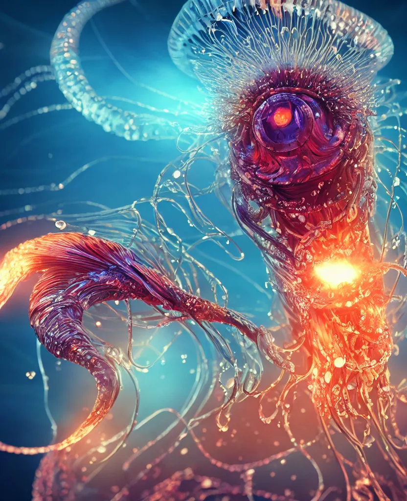 Image similar to close-up macro portrait of the face of a beautiful princess, epic angle and pose, symmetrical artwork, 3d with depth of field, blurred background, cybernetic jellyfish phoenix bird, translucent, nautilus, energy flows of water and fire. a highly detailed epic cinematic concept art CG render. made in Maya, Blender and Photoshop, octane render, excellent composition, cinematic dystopian brutalist atmosphere, dynamic dramatic cinematic lighting, aesthetic, very inspirational, arthouse. y Greg Rutkowski, Ilya Kuvshinov, WLOP, Stanley Artgerm Lau, Ruan Jia and Fenghua Zhong