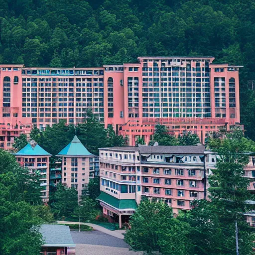 Prompt: Symmetric Wes Anderson film still in the Gatlinburg without people. Establishing shot. Architecture. 8k resolution. Pastel. Sharp. Whimsical. Symmetry. Stunning.