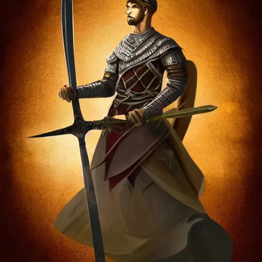 Image similar to full body portrait of a human fighter folk hero with a talking great sword, fantasy, medieval, intricate details, heroic pose, cinematic, hyper realistic, the most normal human ever, tall