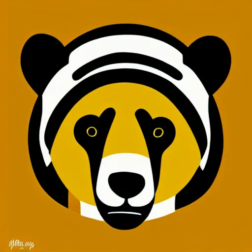 Image similar to very very very stylized minimal vector graphic of a bear, hills and sunset!!, yellow background, all enclosed in a circle, dramatic, professional minimal graphic design cartoon