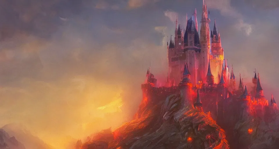 Prompt: happy disney castle rising up from the mist in the morning silhouetted by a single huge blood, anders zorn, thomas kincade, trending on artstation, lava, dungeons and dragons, saturated colors, fun, happy, colorful