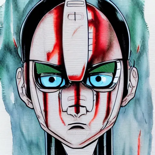 Image similar to a robot face, anime style, akira style, watercolors