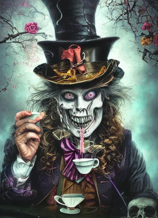 Image similar to Mad Hatter drinking tea with Alice in wonderland,death tarot card,highly detailed,half skull face,cinematic,8k,by Stanley Artgermm,Tom Bagshaw,Greg Rutkowski,Carne Griffiths, Ayami Kojima, Beksinski, Giger,trending on DeviantArt,hyper detailed,horror, full of colour