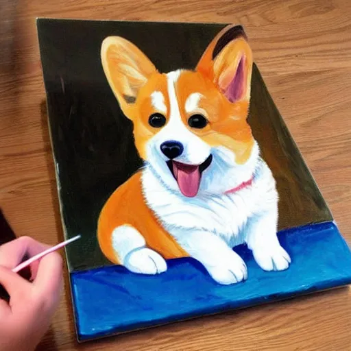 Prompt: corgi playing painting, cute, happy, smiling