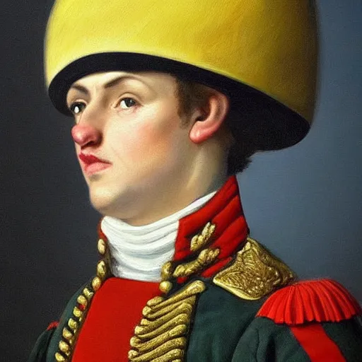 Image similar to a hyper realistic painting of an austrian soldier from 1 8 0 6 wearing a clown hat, ultra detail, realistic.