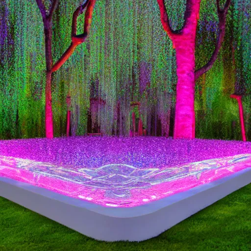 Prompt: futuristic paradise garden reflecting pool, bubble trees pearlescent, iridescent crystalline masterpiece incrustations, pink, magenta, purple, diffuse cinematic lighting w 1 0 2 4 - c 1 5. 0