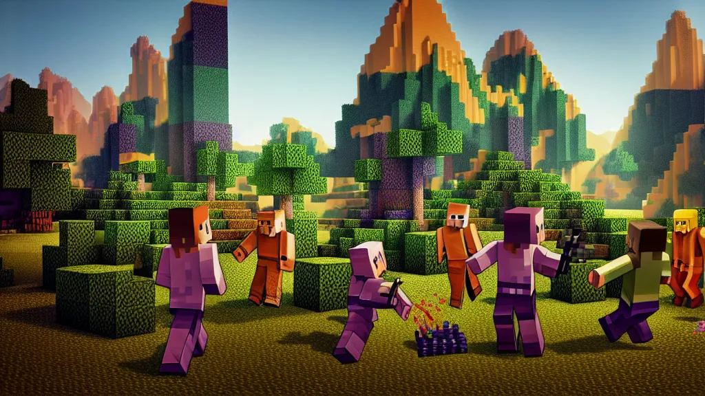 Prompt: vibrant aesthetic highly detailed photography of characters in minecraft scene, characters with hyperrealistic highly detailed faces. from dune ( 2 0 2 1 ) by alejandro hodorovski and denis villeneuve and gregory crewdson style with many details by mike winkelmann and vincent di fate in sci - fi style. volumetric natural light hyperrealism photo on dsmc 3 system