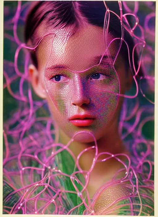 Prompt: realistic photo of a a blurred face of a girl, covered in iridescent plastic vines 1 9 6 0, life magazine photo, natural colors, metropolitan museum, kodak, 8 k, very detailed, high resolution, product photo,