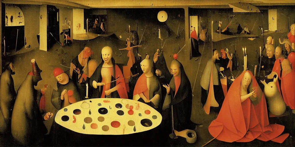 Prompt: a party at midnight, modern indoors, bay area, candles, hot tub, friendship, hope, art by hieronymus bosch