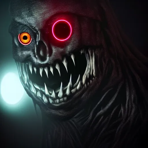 Prompt: highly detailed photo of scary monster with glowing eyes, dark black background, hyper realistic, art by greg rutsowski, concept art, 8 k detail post - processing