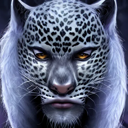 Image similar to Warlock with leopard traits. Character portrait, face close-up, of an anthro leopard warlock in the style of Bastien Lecouffe-Deharme