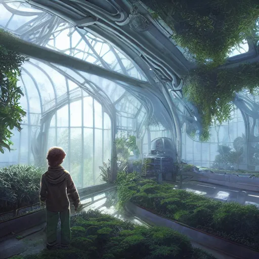 Prompt: , boy with grandma in scifi green house, spaceship, plants, stephen bliss, misty, unreal engine, fantasy art by greg rutkowski, loish, ferdinand knab, and lois van rossdraws, global illumination, radiant light, minimalist, detailed and intricate environment