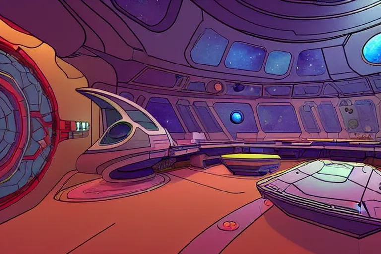 Image similar to a photograph of a space ship interior set design in a world inspired by jean giraud moebius and geoff darrow