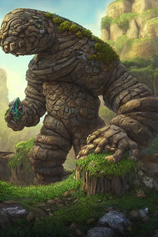 Image similar to zelda fantasy art giant golem troll wood rock greeble gemstone, global illumination ray tracing hdr fanart arstation by sung choi and eric pfeiffer and gabriel garza and casper konefal