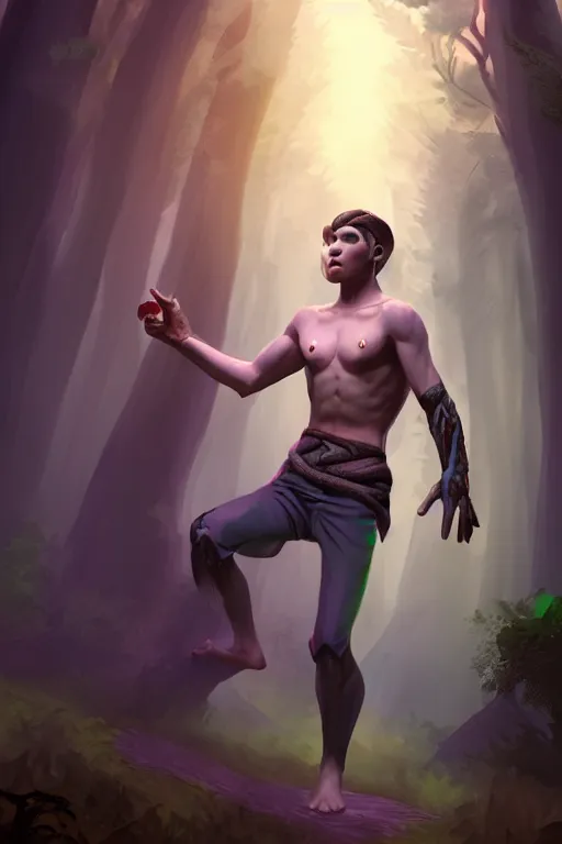 Prompt: a human elemental sorcerer, forest setting, colorful magic, male, white skin, young, sharp, concept art, dynamic lighting, unreal engine