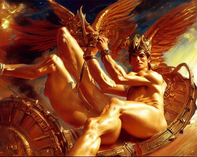 Image similar to attractive apollo greek god, riding his fire chariot. highly detailed painting by gaston bussiere, craig mullins, j. c. leyendecker 8 k