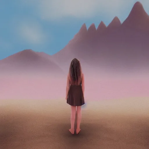 Prompt: a girl stood in the beautiful desert, pondering the mountains in the distance, peaceful pastel palette, matte painting