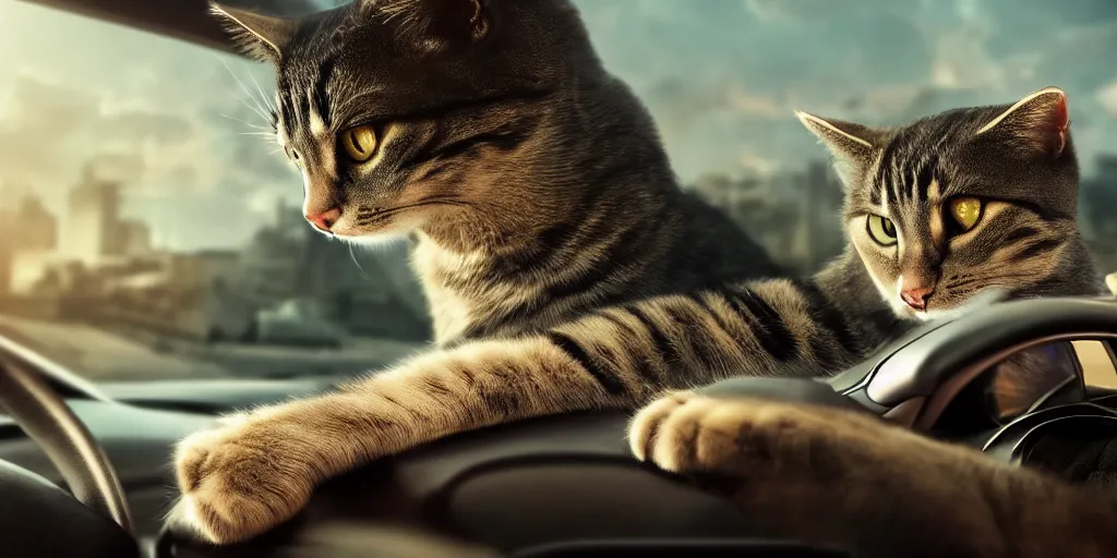 Image similar to cat driving a car, realistic 4 k octane beautifully detailed render, 4 k post - processing, highly detailed, intricate complexity, epic composition, magical atmosphere, cinematic lighting, masterpiece, ultra hd